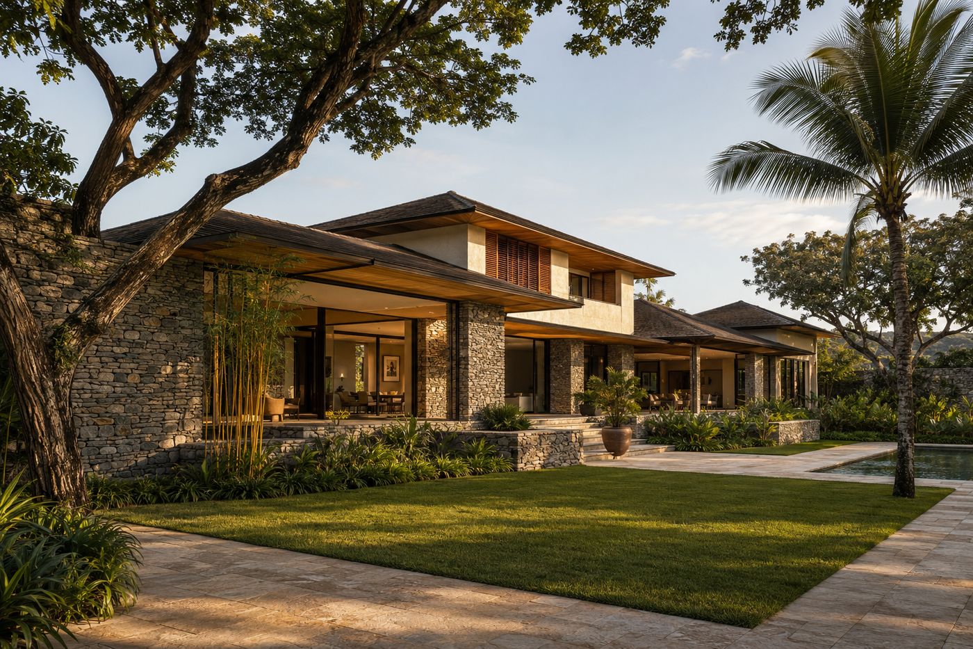 Stone and timber residence set into mature tropical landscape in late afternoon light