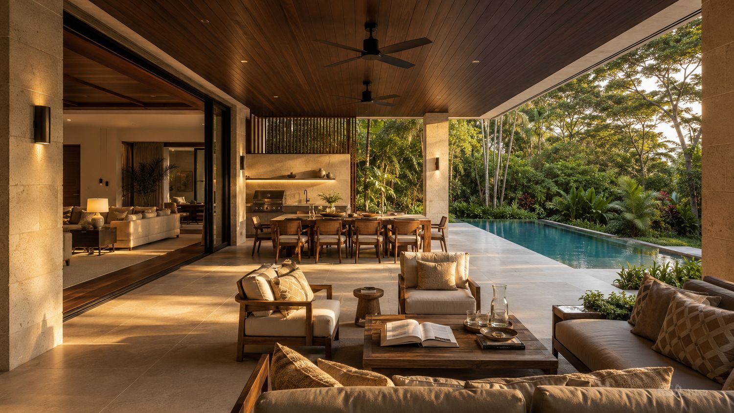 Covered living and dining pavilion opening onto the pool and garden