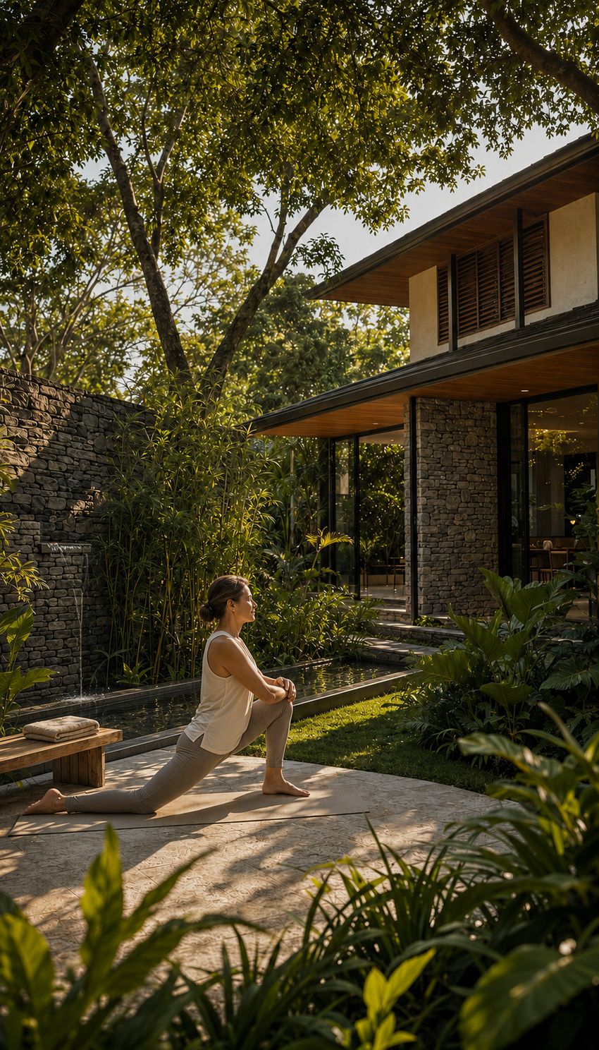 Morning stretch on a shaded garden terrace beside a still water channel