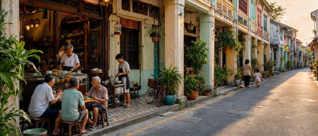 George Town heritage shophouse street in warm evening light