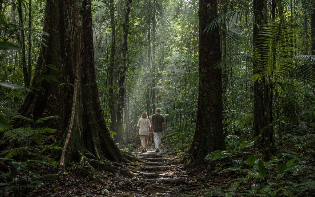 Rainforest trail beneath national-park canopy, walkers on the path