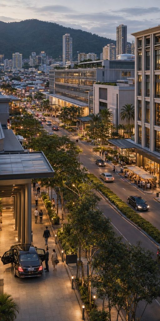 Penang town at dusk — a chauffeured arrival on a tree-lined avenue with the city and hills beyond