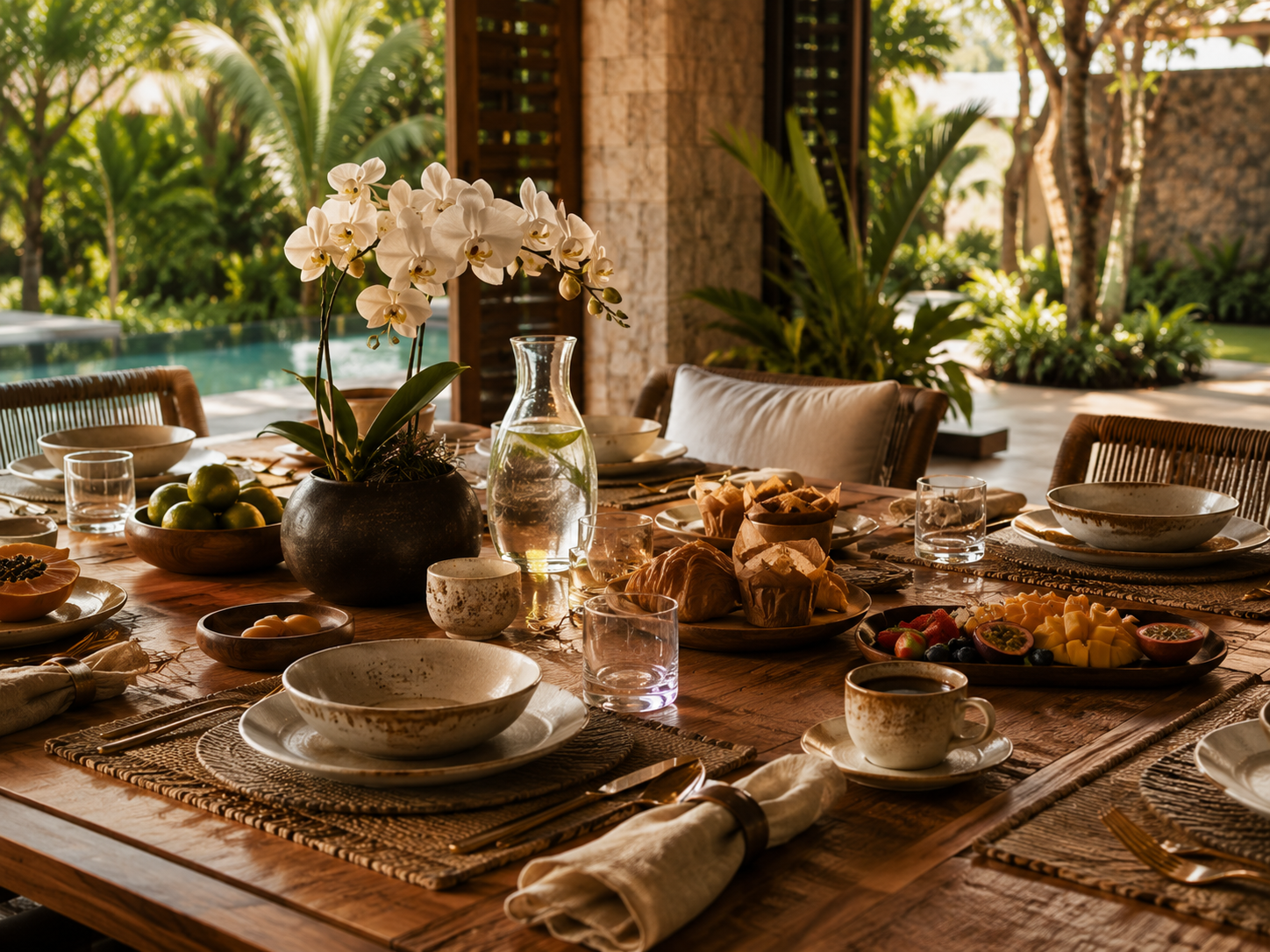 A carefully prepared timber dining table with ceramics, orchids and tropical garden beyond.