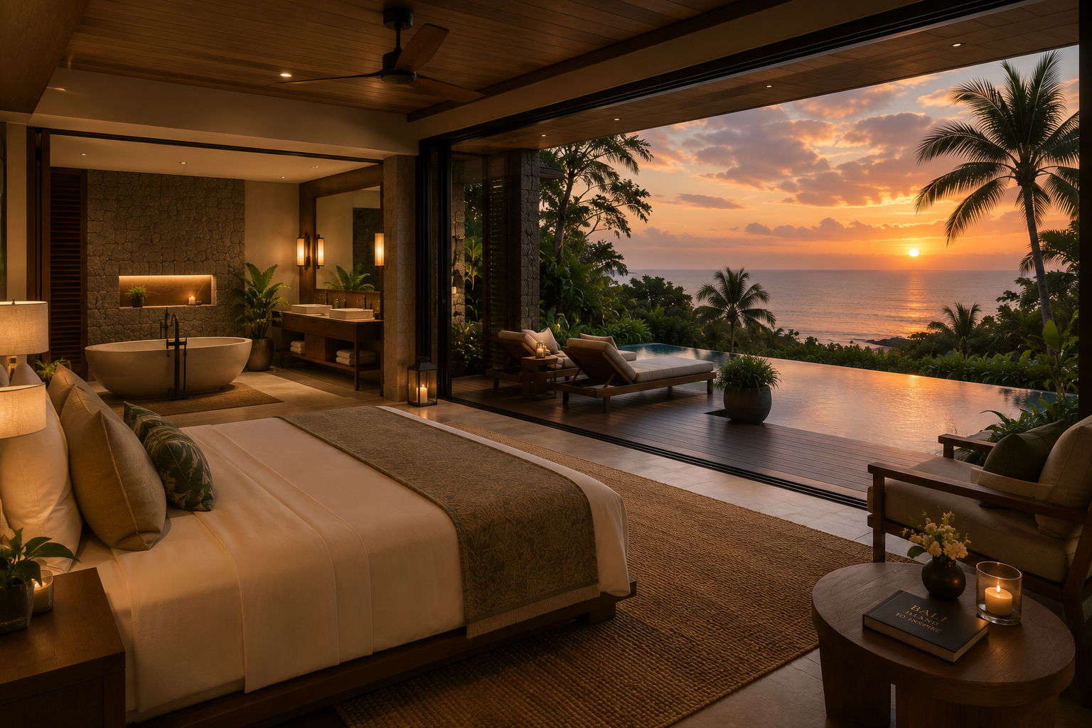A private suite opening to the pool and tropical landscape at sunset.