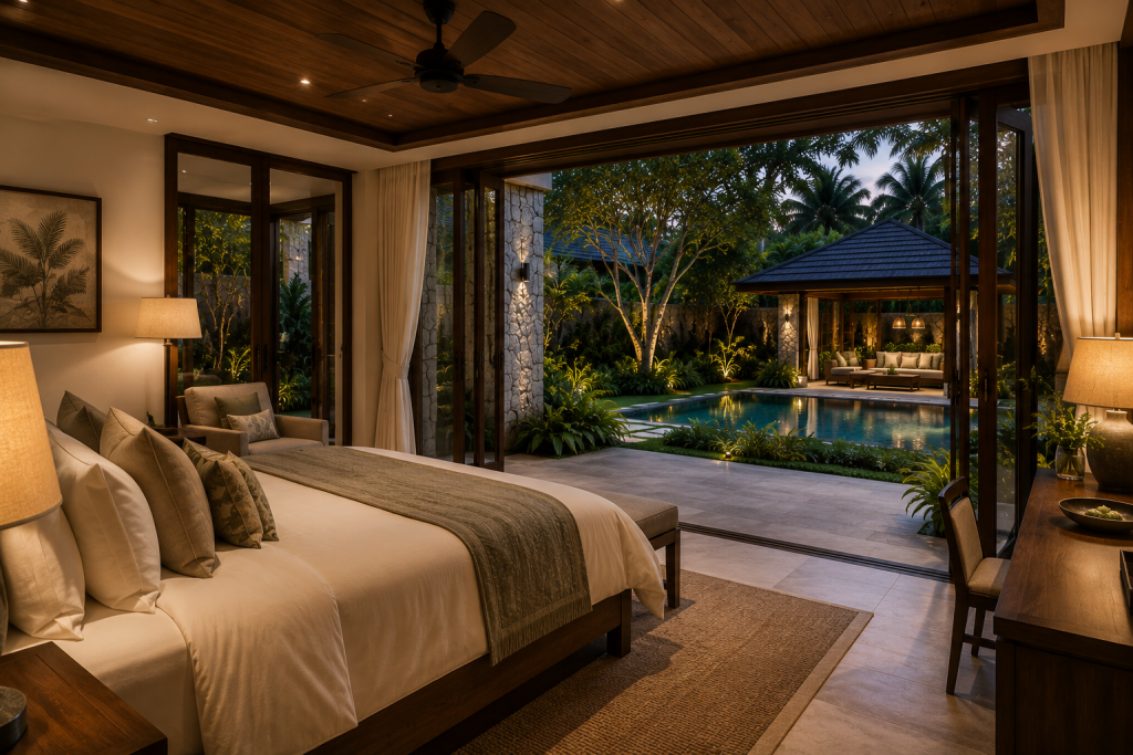 A luxurious tropical bedroom opening to the private garden and pool