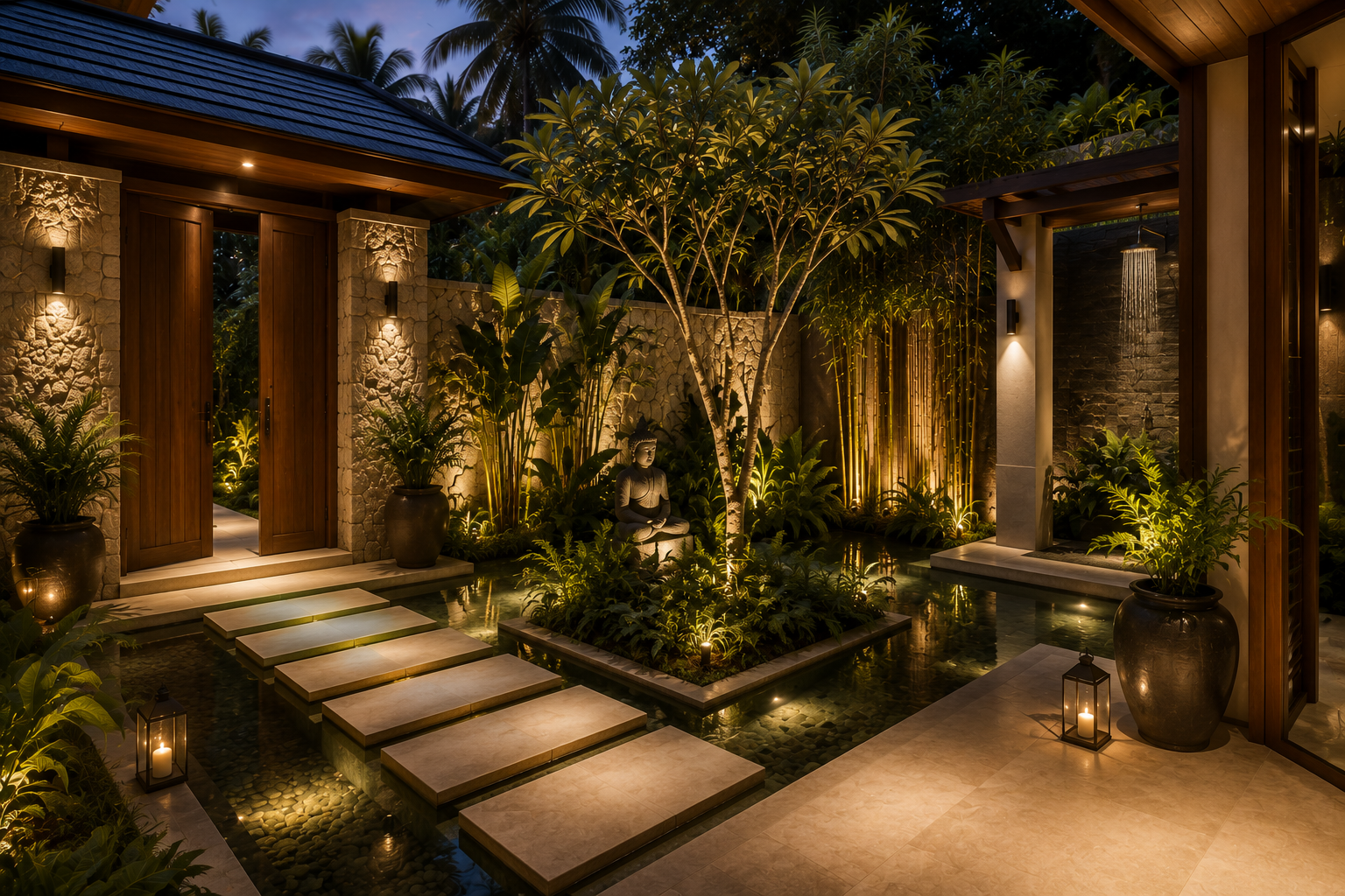 A private tropical courtyard with stone, timber, water and mature planting.