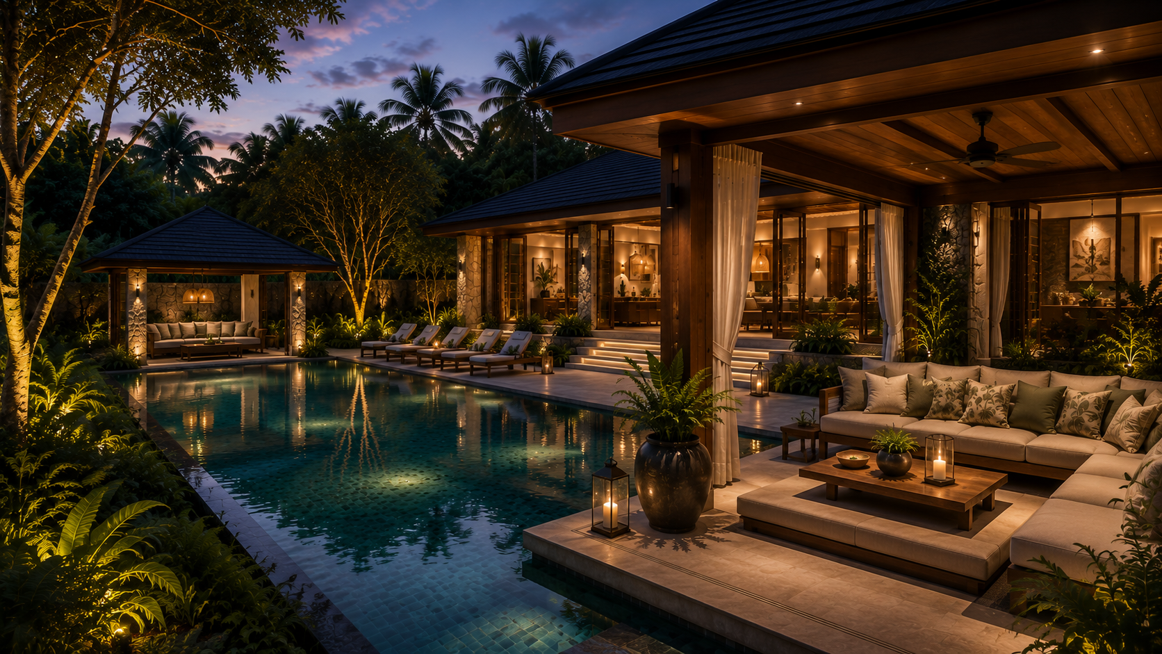 A cinematic twilight exterior of the residence, pool and pavilion.