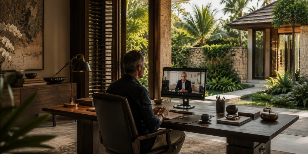 An owner working from the executive office with a tropical garden outlook.