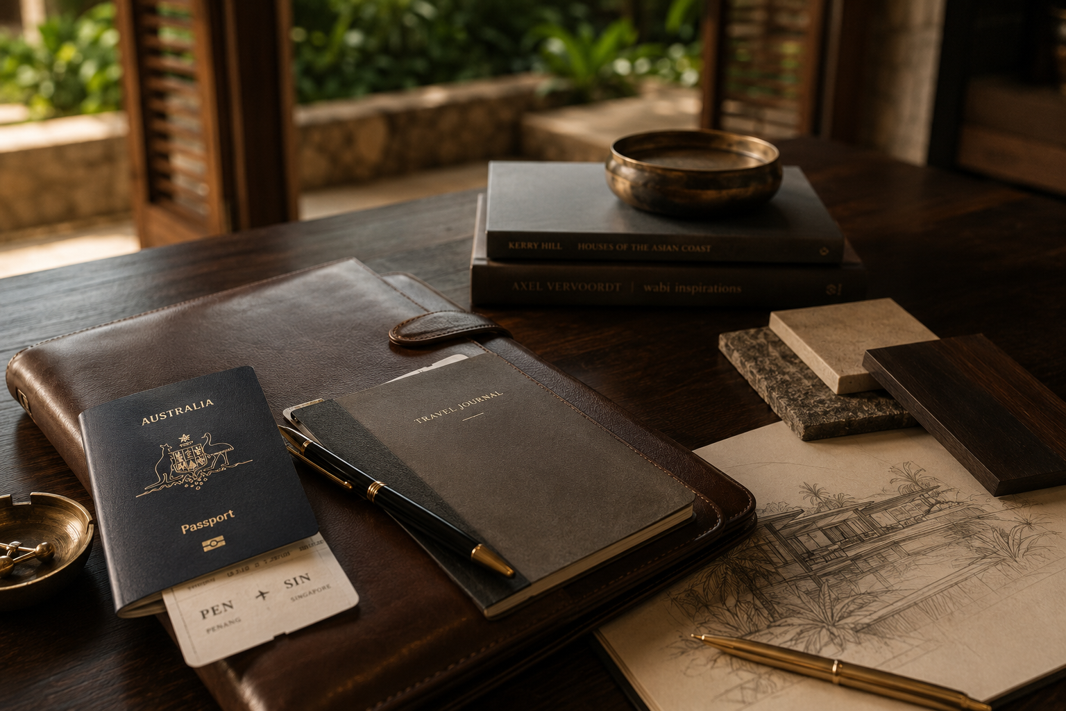 A refined travel folio, journal and architectural materials arranged on a timber desk.