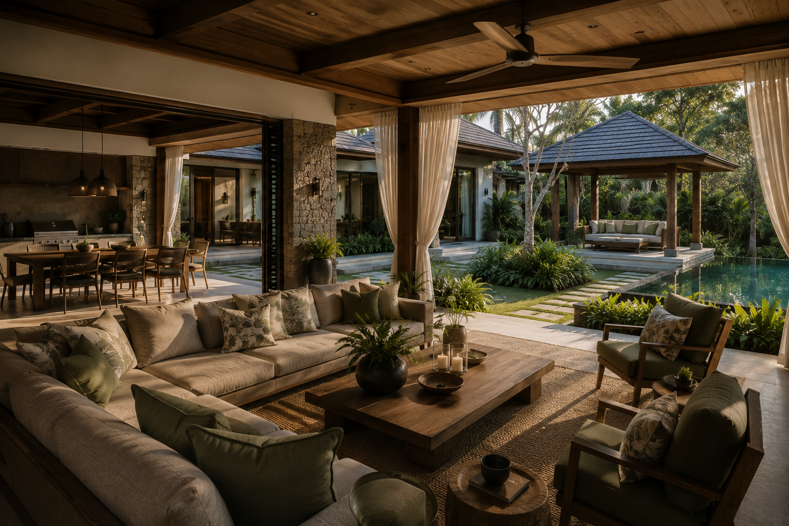 A tranquil open-air pavilion and garden setting within the residence.