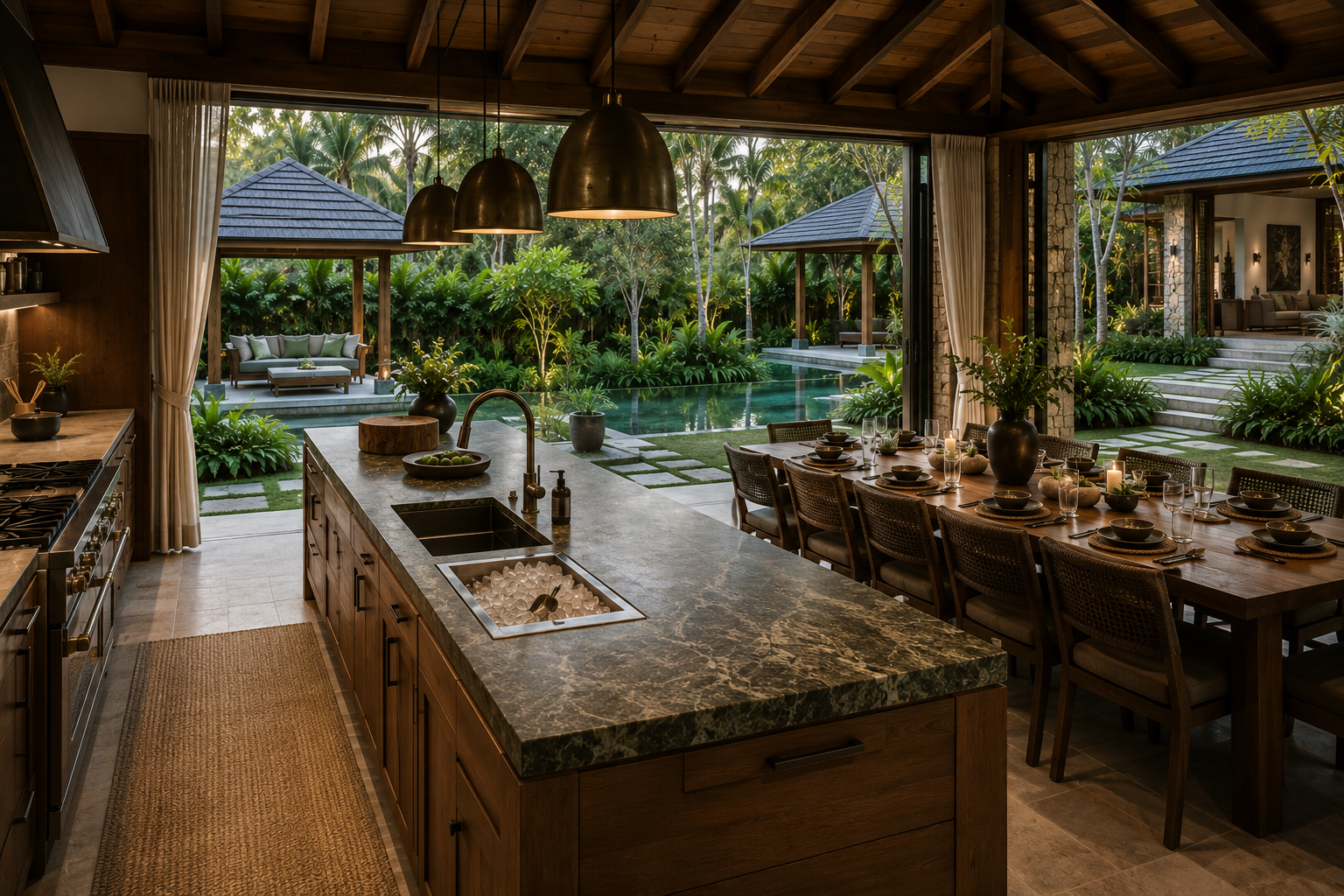 A luxury tropical kitchen, dining space and garden arranged for hospitality.