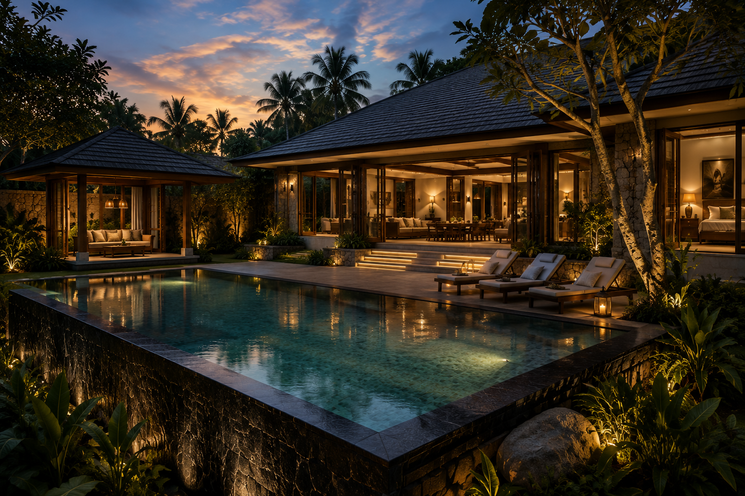 The Concordia Meridian residence and infinity pool illuminated at twilight.
